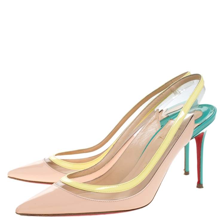 Pre Owned Christian Louboutin Tricolor PVC And Patent Leather Paulina Pointed Toe Slingback Sandals Size 38