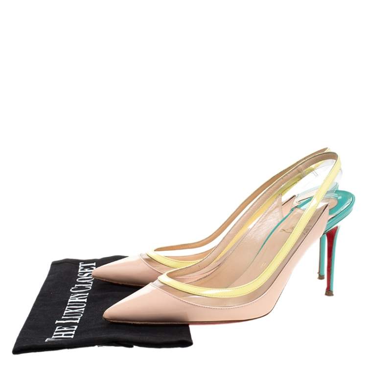 Pre Owned Christian Louboutin Tricolor PVC And Patent Leather Paulina Pointed Toe Slingback Sandals Size 38