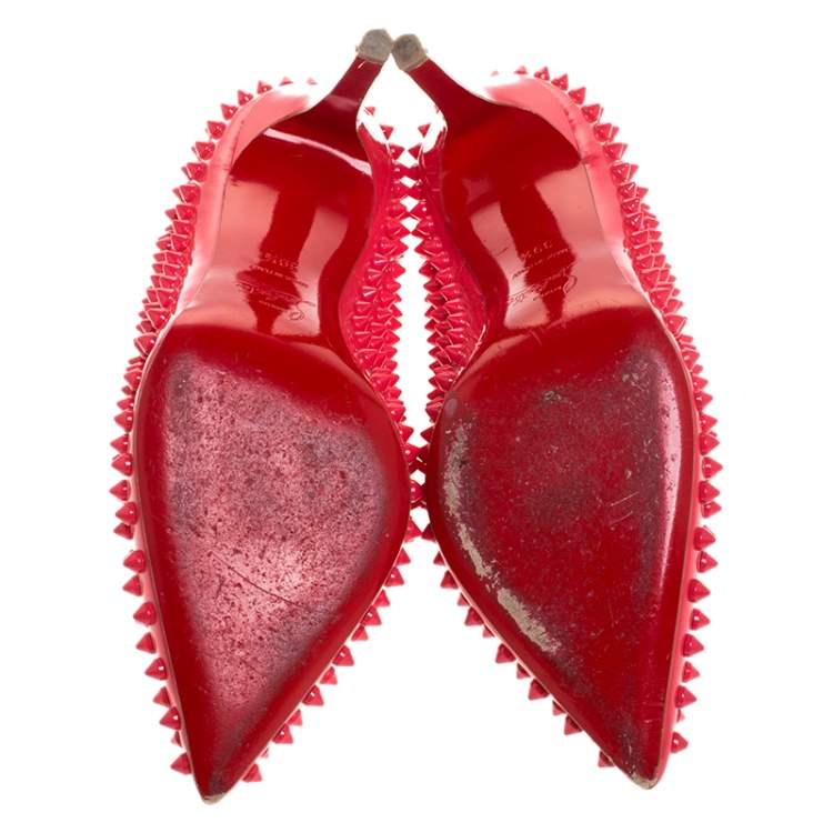 Pre Owned Christian Louboutin Coral Patent Leather Follies Spikes Peep Toe Pumps Size 39.5