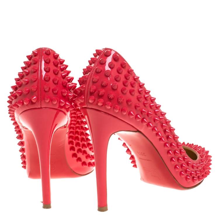 Pre Owned Christian Louboutin Coral Patent Leather Follies Spikes Peep Toe Pumps Size 39.5