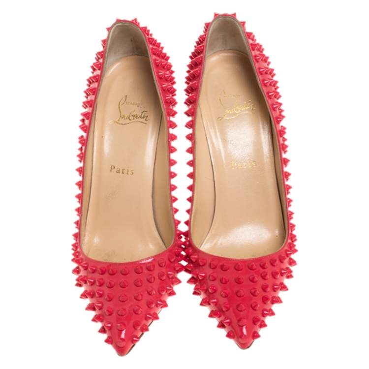 Pre Owned Christian Louboutin Coral Patent Leather Follies Spikes Peep Toe Pumps Size 39.5