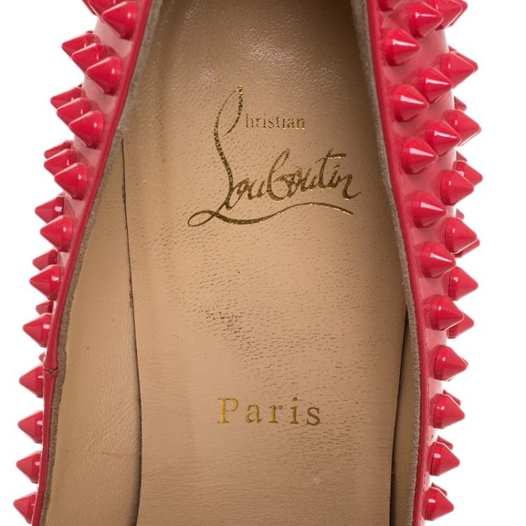 Pre Owned Christian Louboutin Coral Patent Leather Follies Spikes Peep Toe Pumps Size 39.5