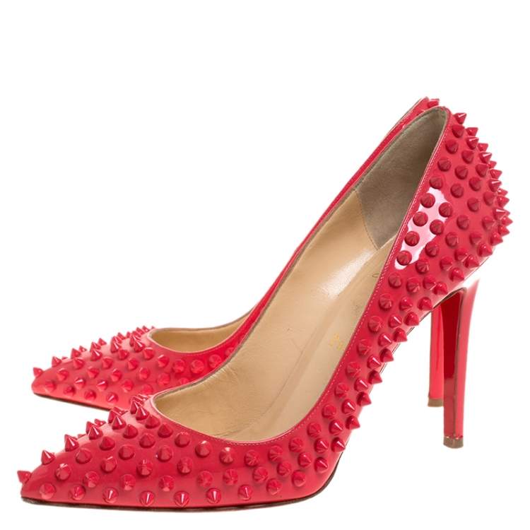 Pre Owned Christian Louboutin Coral Patent Leather Follies Spikes Peep Toe Pumps Size 39.5