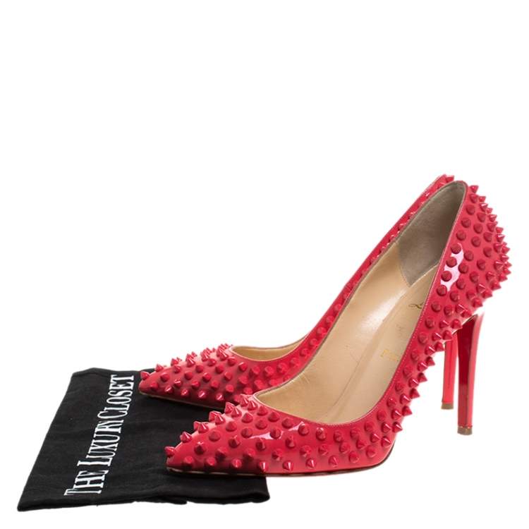 Pre Owned Christian Louboutin Coral Patent Leather Follies Spikes Peep Toe Pumps Size 39.5