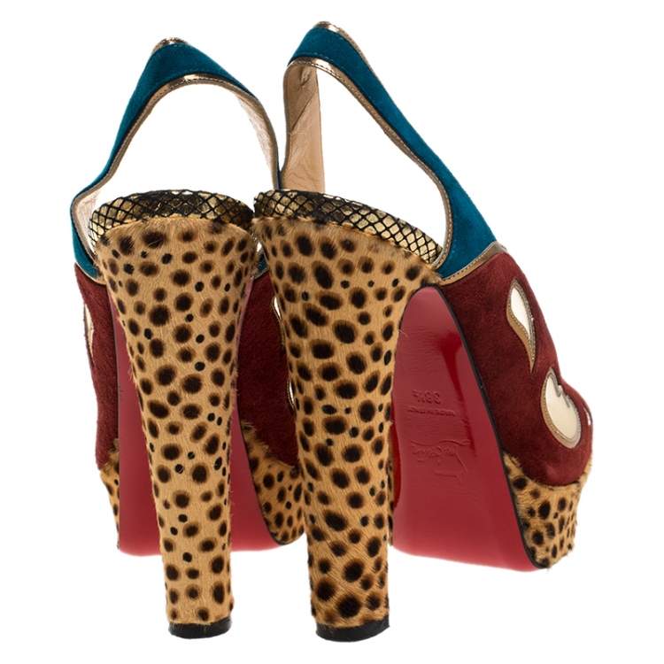 Pre Owned Christian Louboutin Suede Leather And Mesh Peep Toe Slingback Platform Sandals Size 38.5
