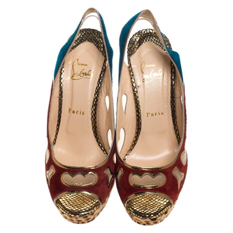 Pre Owned Christian Louboutin Suede Leather And Mesh Peep Toe Slingback Platform Sandals Size 38.5