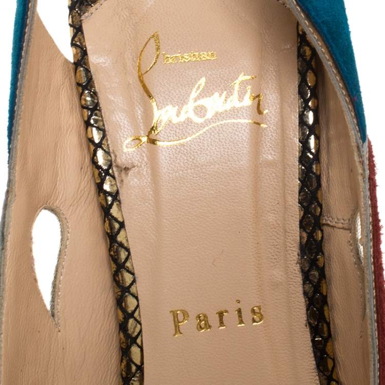Pre Owned Christian Louboutin Suede Leather And Mesh Peep Toe Slingback Platform Sandals Size 38.5