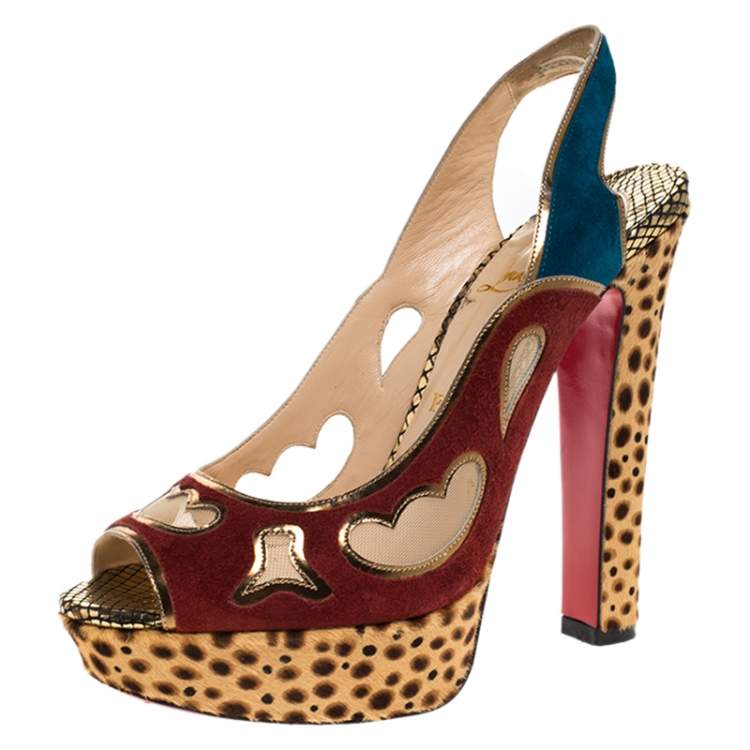 Pre Owned Christian Louboutin Suede Leather And Mesh Peep Toe Slingback Platform Sandals Size 38.5