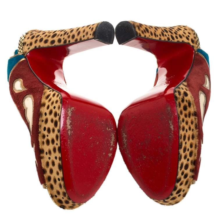 Pre Owned Christian Louboutin Suede Leather And Mesh Peep Toe Slingback Platform Sandals Size 38.5