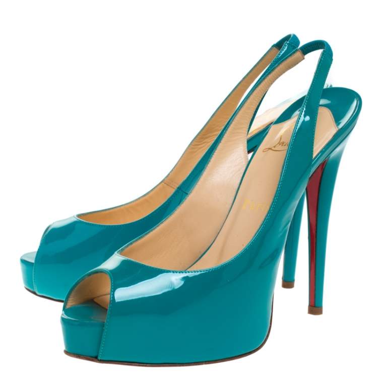 Pre Owned Christian Louboutin Green Patent Leather Lady Peep Slingback Pumps Size 38