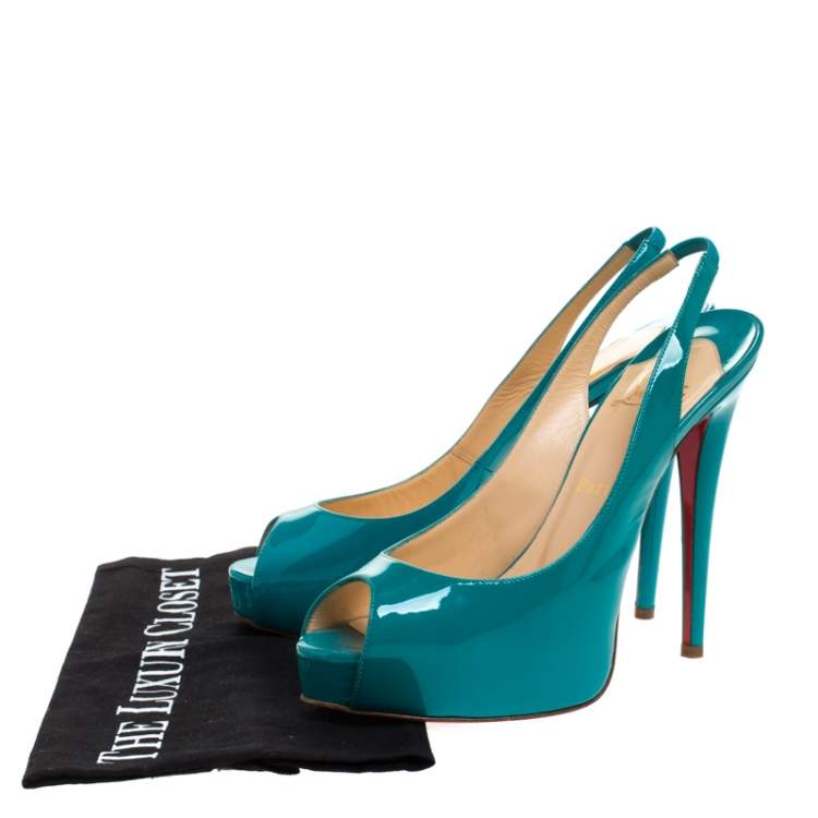 Pre Owned Christian Louboutin Green Patent Leather Lady Peep Slingback Pumps Size 38