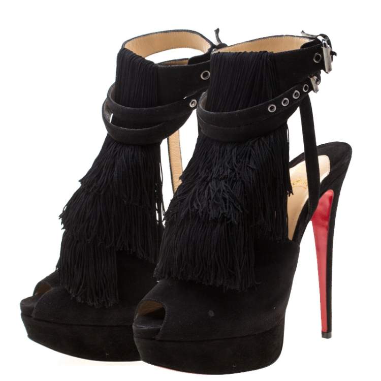 Pre Owned Christian Louboutin Black Suede Change Of The Guard Cross Strap Ankle Sandals Size 38