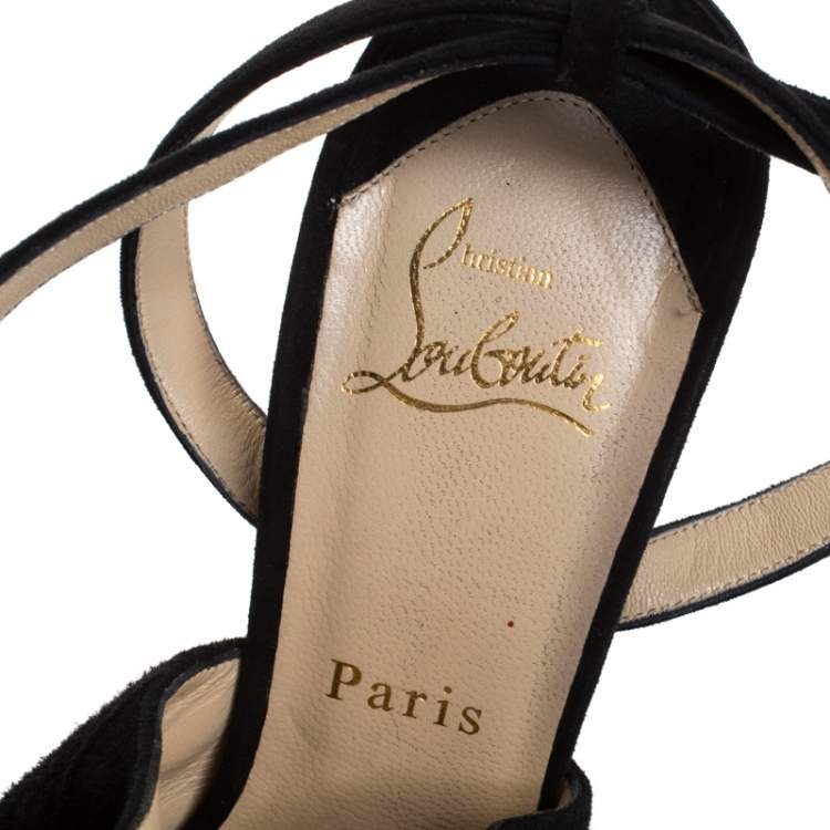 Pre Owned Christian Louboutin Black Suede Change Of The Guard Cross Strap Ankle Sandals Size 38