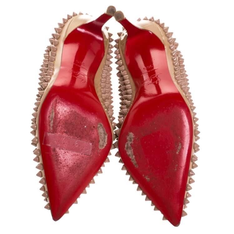 Pre Owned Christian Louboutin Beige Patent Leather Pigalle Spikes Pumps Size 36.5