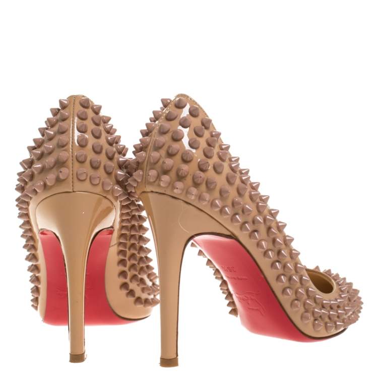 Pre Owned Christian Louboutin Beige Patent Leather Pigalle Spikes Pumps Size 36.5