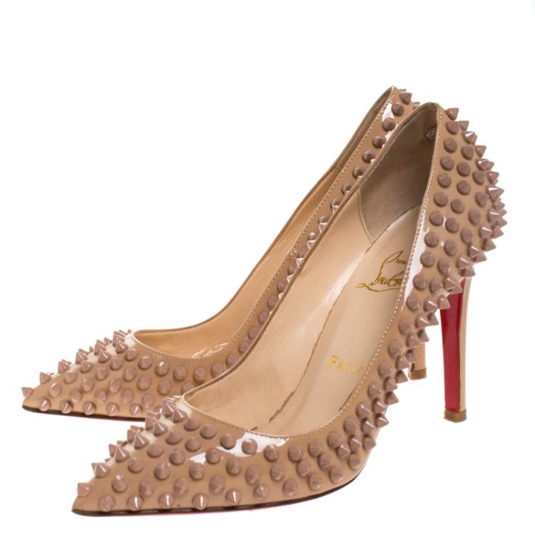 Pre Owned Christian Louboutin Beige Patent Leather Pigalle Spikes Pumps Size 36.5