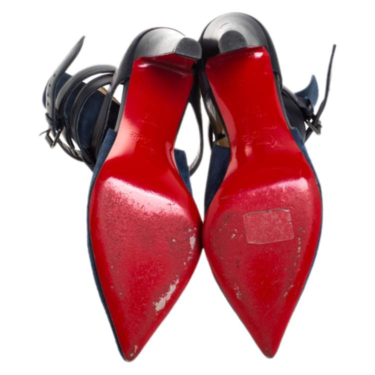 Pre Owned Christian Louboutin Blue Suede And Leather Ankle Boots Size 37.5
