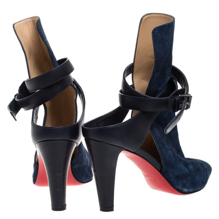 Pre Owned Christian Louboutin Blue Suede And Leather Ankle Boots Size 37.5
