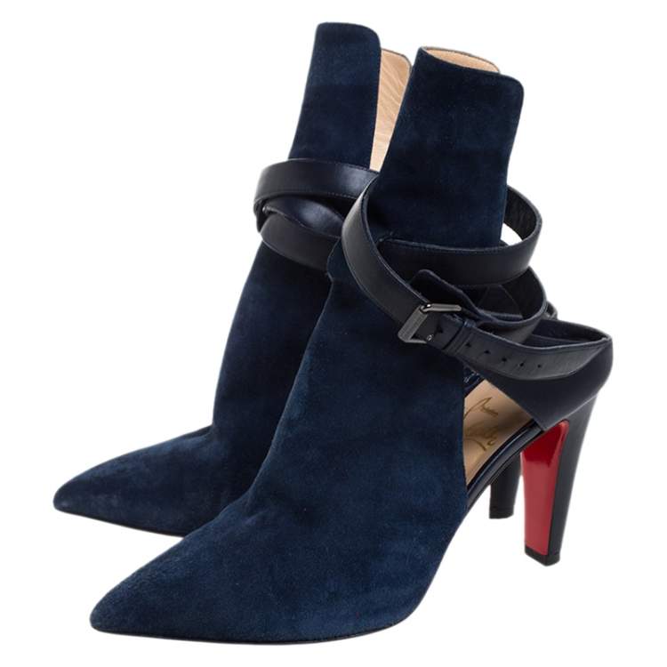 Pre Owned Christian Louboutin Blue Suede And Leather Ankle Boots Size 37.5
