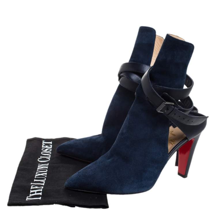 Pre Owned Christian Louboutin Blue Suede And Leather Ankle Boots Size 37.5