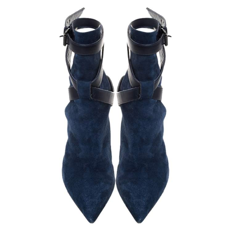 Pre Owned Christian Louboutin Blue Suede And Leather Ankle Boots Size 37.5