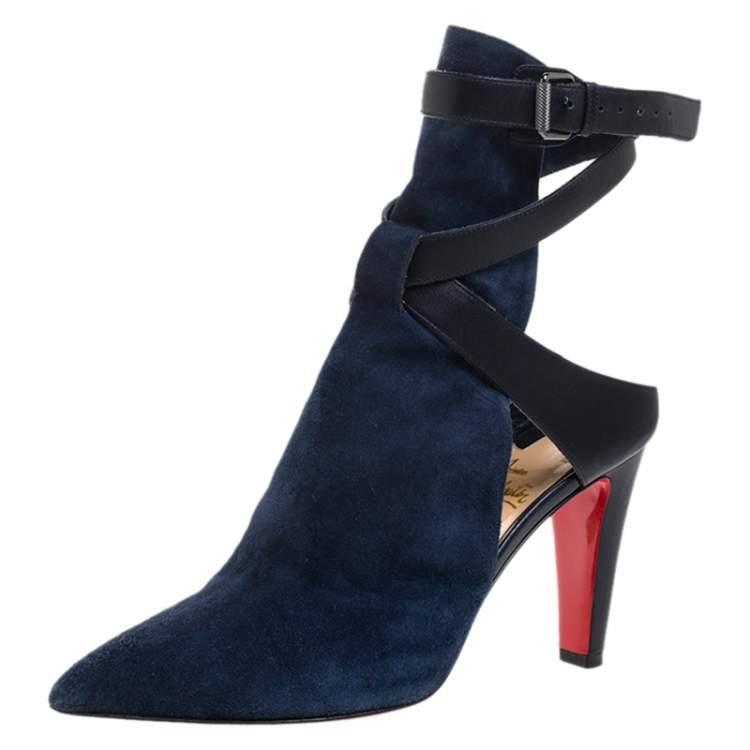 Pre Owned Christian Louboutin Blue Suede And Leather Ankle Boots Size 37.5