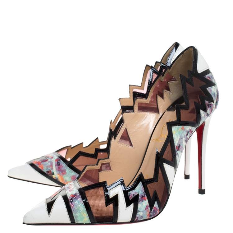 Pre Owned Christian Louboutin Multicolor Python And Mesh Explorete Pigalle Zig Zag Trim Pointed Toe Pumps Size 36