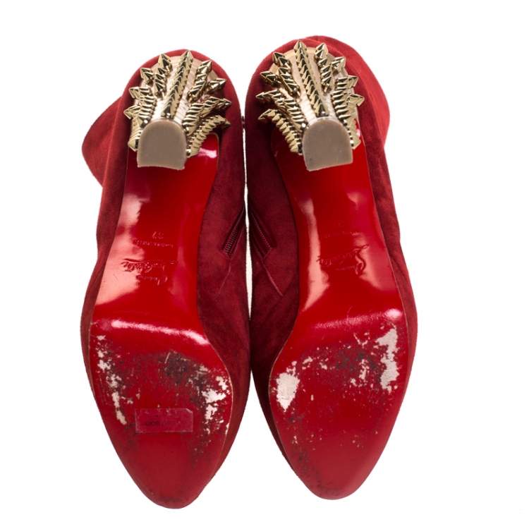 Pre Owned Christian Louboutin Red Suede Studded Heel Taclou Ankle Boots Size 37