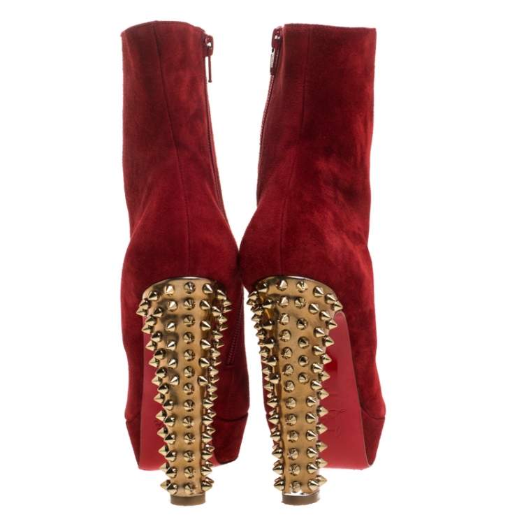 Pre Owned Christian Louboutin Red Suede Studded Heel Taclou Ankle Boots Size 37