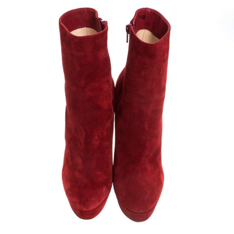 Pre Owned Christian Louboutin Red Suede Studded Heel Taclou Ankle Boots Size 37
