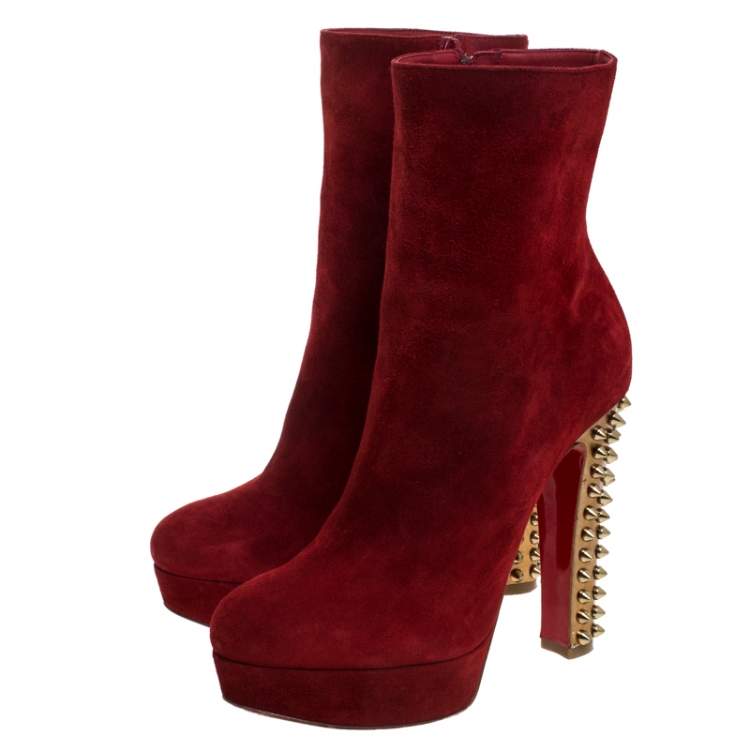 Pre Owned Christian Louboutin Red Suede Studded Heel Taclou Ankle Boots Size 37