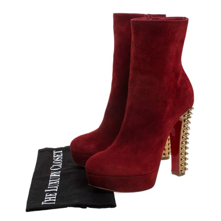 Pre Owned Christian Louboutin Red Suede Studded Heel Taclou Ankle Boots Size 37
