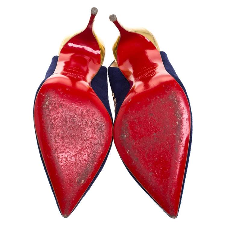 Pre Owned Christian Louboutin Blue/Red Suede And Leather Whipstitch Ostri Slingback Sandals Size 40