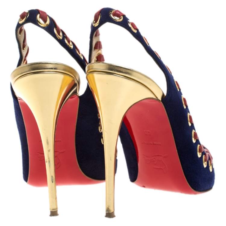 Pre Owned Christian Louboutin Blue/Red Suede And Leather Whipstitch Ostri Slingback Sandals Size 40