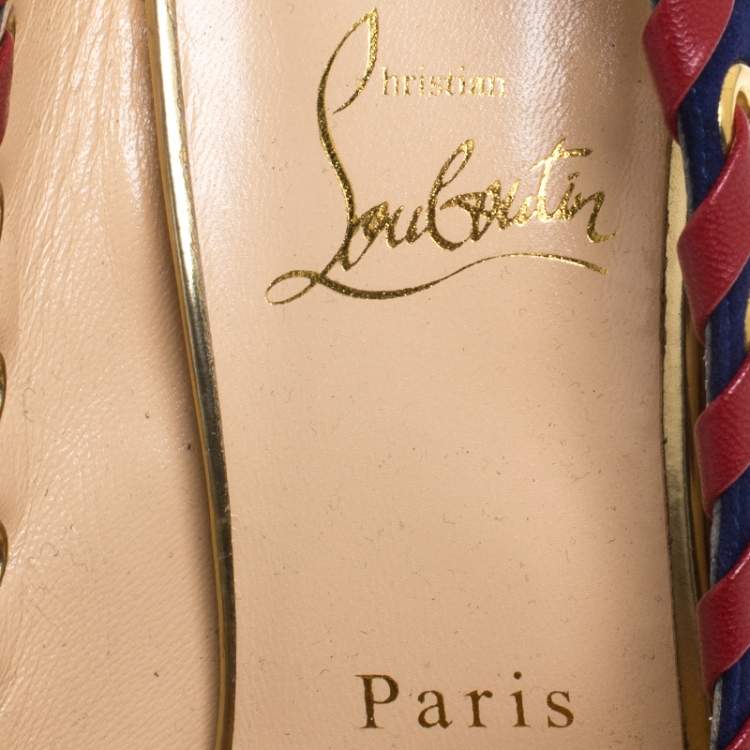 Pre Owned Christian Louboutin Blue/Red Suede And Leather Whipstitch Ostri Slingback Sandals Size 40