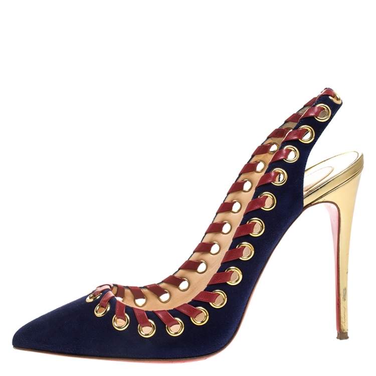 Pre Owned Christian Louboutin Blue/Red Suede And Leather Whipstitch Ostri Slingback Sandals Size 40