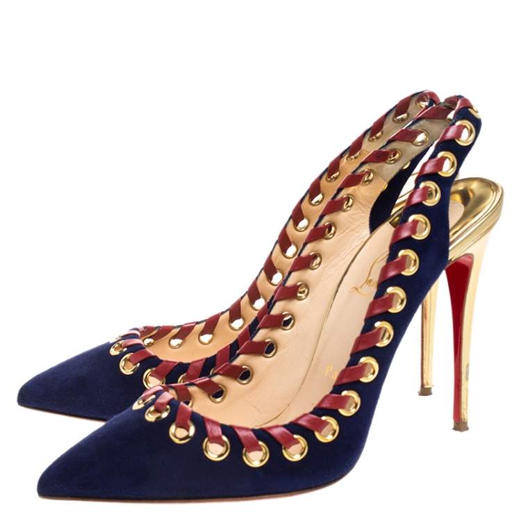 Pre Owned Christian Louboutin Blue/Red Suede And Leather Whipstitch Ostri Slingback Sandals Size 40