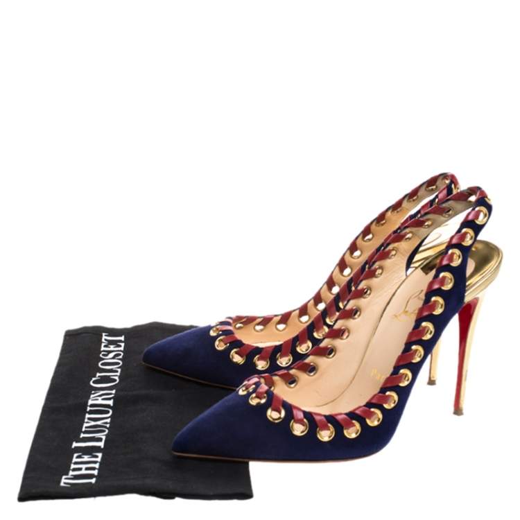 Pre Owned Christian Louboutin Blue/Red Suede And Leather Whipstitch Ostri Slingback Sandals Size 40