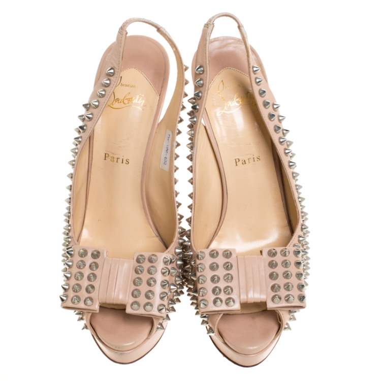 Pre Owned Christian Louboutin Beige Spike Leather Clou Noeud Platform Slingback Sandals Size 41