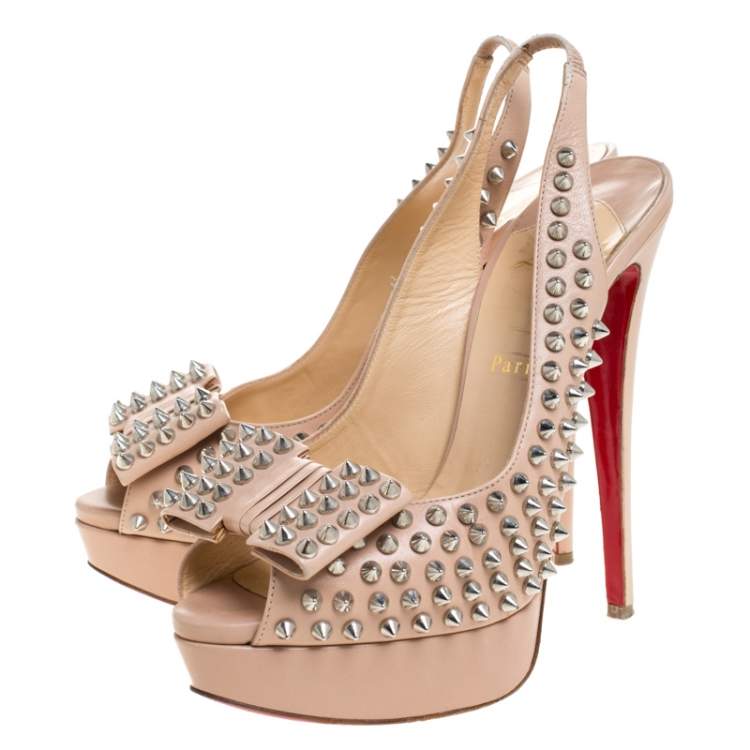 Pre Owned Christian Louboutin Beige Spike Leather Clou Noeud Platform Slingback Sandals Size 41