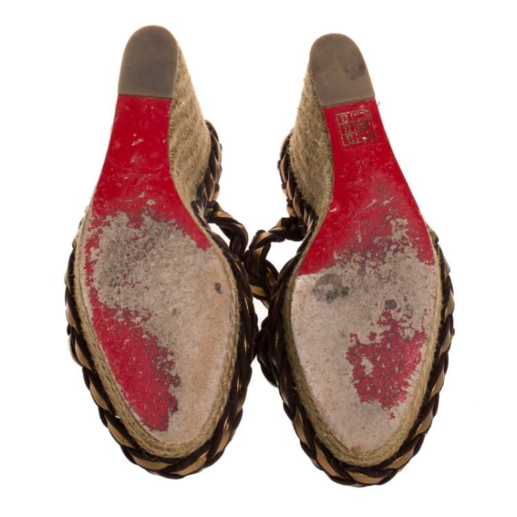 Pre Owned Christian Louboutin Gold/Brown Leather and Suede Braided Espadrille Wedge Sandals Size 40