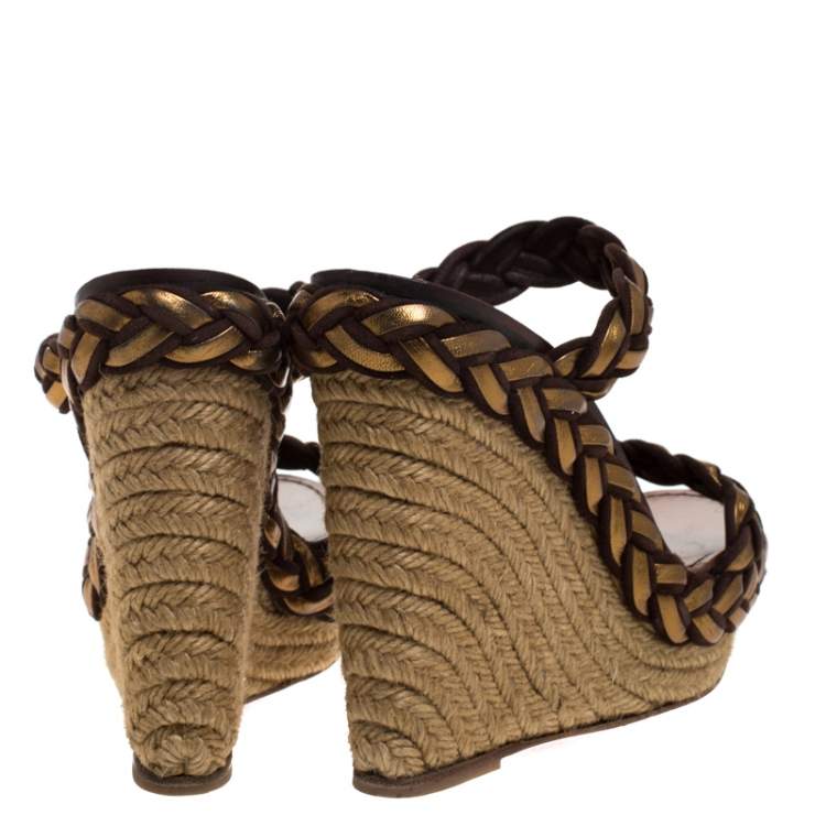 Pre Owned Christian Louboutin Gold/Brown Leather and Suede Braided Espadrille Wedge Sandals Size 40