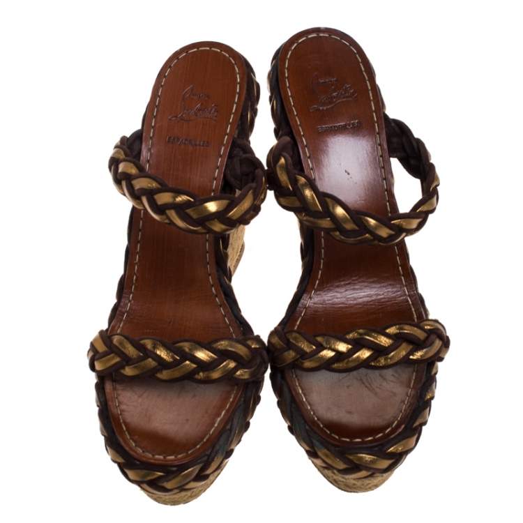 Pre Owned Christian Louboutin Gold/Brown Leather and Suede Braided Espadrille Wedge Sandals Size 40