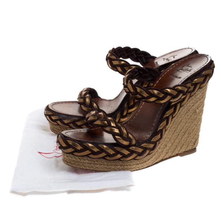 Pre Owned Christian Louboutin Gold/Brown Leather and Suede Braided Espadrille Wedge Sandals Size 40