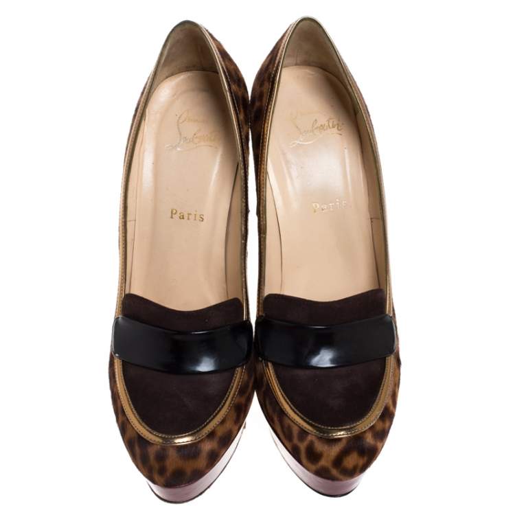 Pre Owned Christian Louboutin Brown Leopard Print Pony Hair And Suede Leather Trotitella Platform Loafer Pumps Size 40 