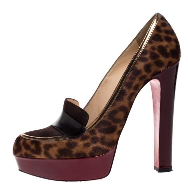 Pre Owned Christian Louboutin Brown Leopard Print Pony Hair And Suede Leather Trotitella Platform Loafer Pumps Size 40 