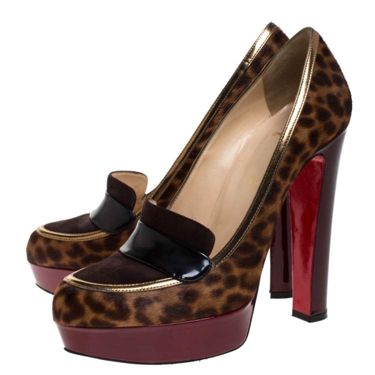 Pre Owned Christian Louboutin Brown Leopard Print Pony Hair And Suede Leather Trotitella Platform Loafer Pumps Size 40 