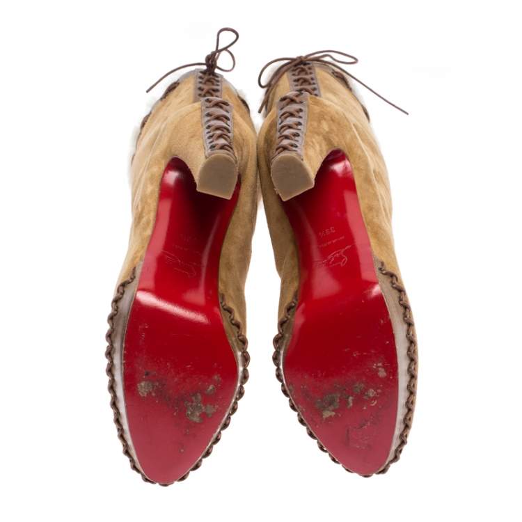 Pre Owned Christian Louboutin Brown Suede Oulanbator Platform Mid Calf Boots Size 39.5