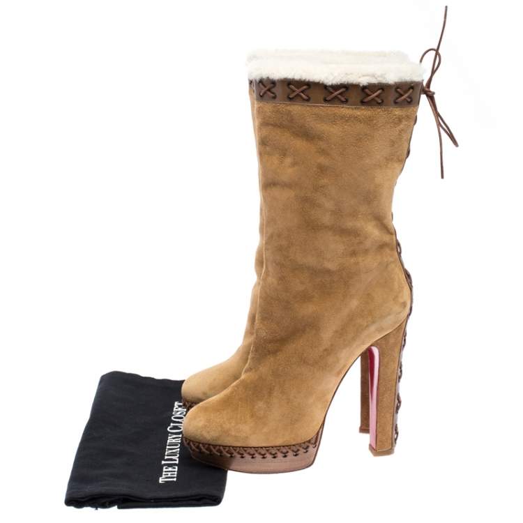 Pre Owned Christian Louboutin Brown Suede Oulanbator Platform Mid Calf Boots Size 39.5