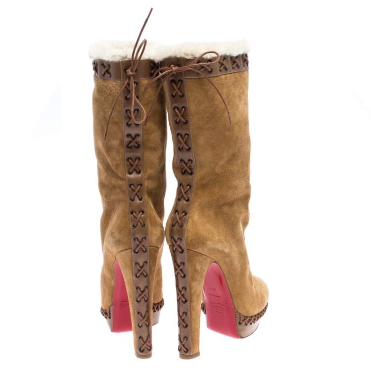 Pre Owned Christian Louboutin Brown Suede Oulanbator Platform Mid Calf Boots Size 39.5